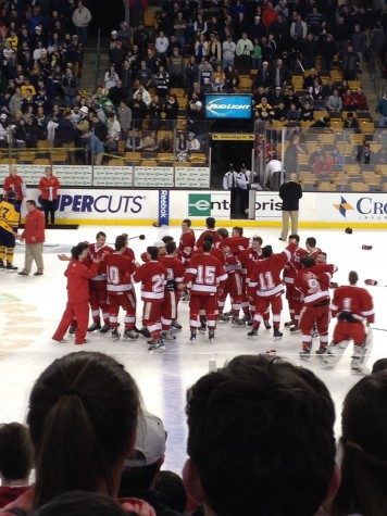 The team gathers on the ice to celebrate. 