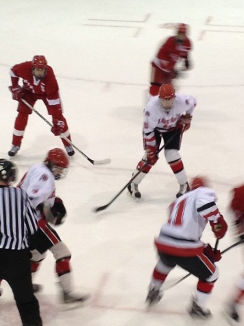 The players fight for the puck after a face off.
