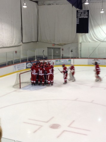The team celebrates their 7-2 win at the end of the game.
