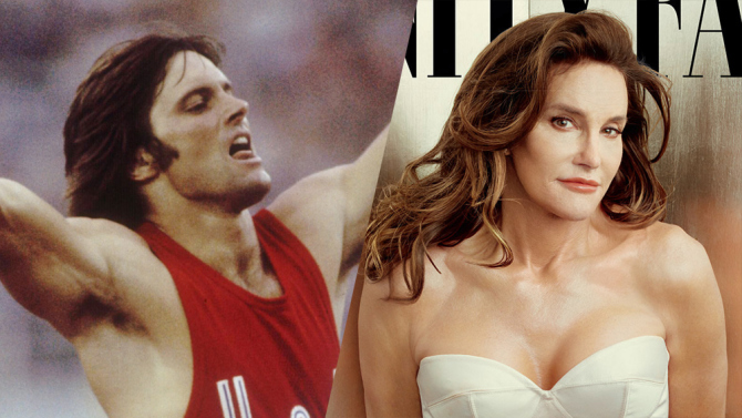 On left, Bruce Jenner, Olympic champion.  on right, Caitlin Jenner, transgender model and now cultural icon. 