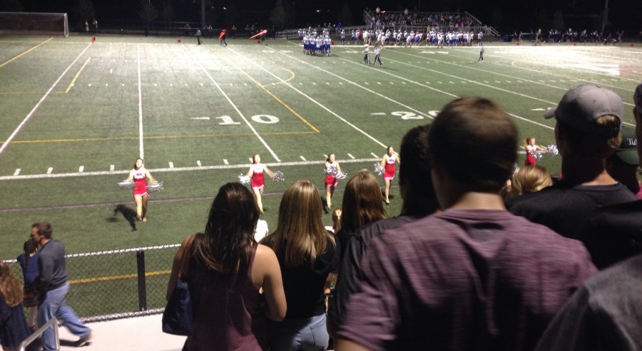 Spectators at the football game watch the Dance Team before things went awry