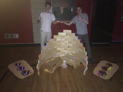Nick Thompson (left) and Louis Soults (right) proudly display a fort they created out of repurposed Jenga blocks.  