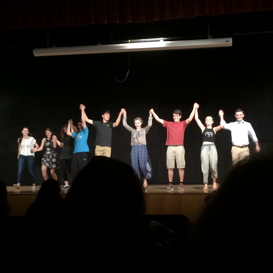 The casts of How to Succeed in High School without Really Trying, Small Actors, and 13 Ways to Screw Up Your College Interview, bow after their performances.