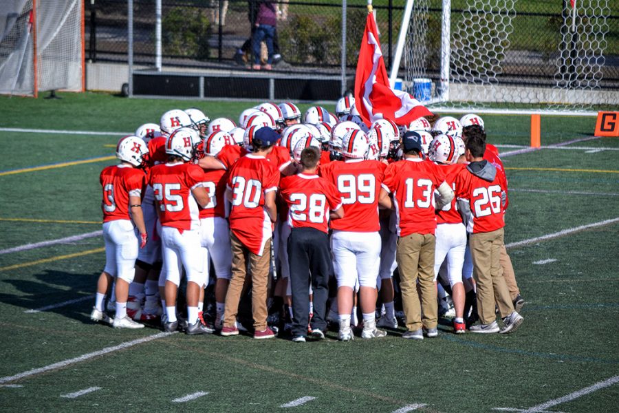 The Hingham Harbormen huddled before their game against the Whitman-Hansen Panthers on Saturday October 15.