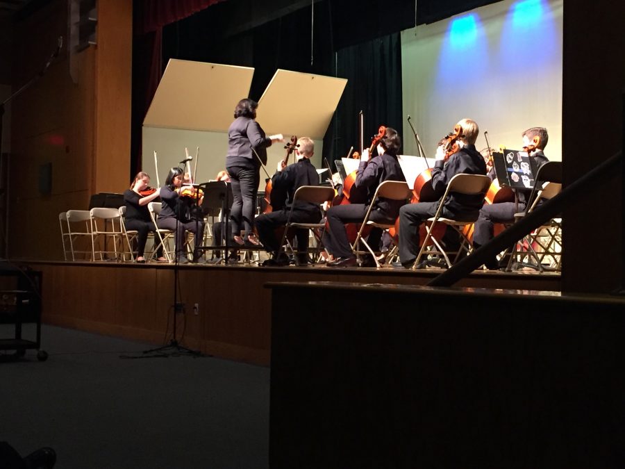 Strings Director Ms. Sassano conducts the freshmen orchestra. 