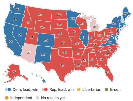 The Electoral College map on Election night via the Washington Post.