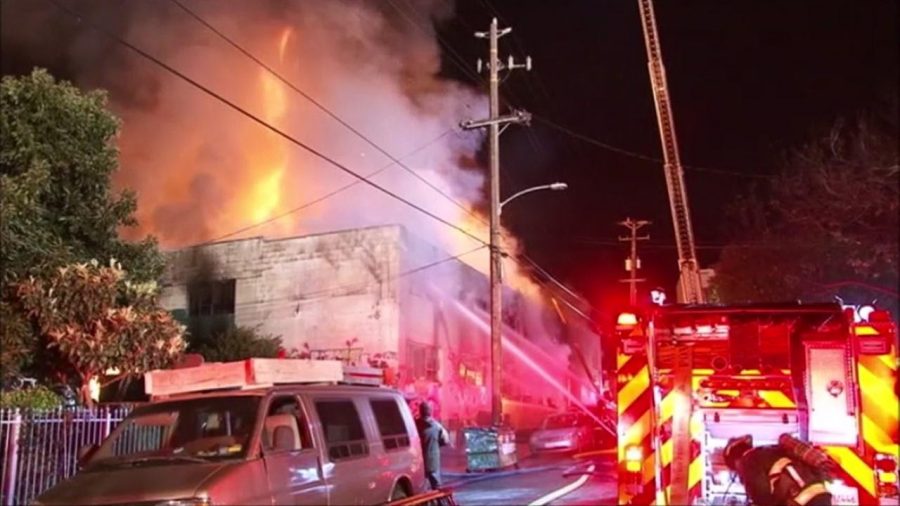 The Ghostship warehouse in Oakland, California burns down on December 2.