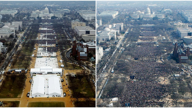 The size of the crowd at Trumps inauguration (left) was contrasted with that of Obamas first inauguration (right).