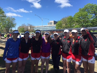 The 1st Varsity boat (left to right: Katie McDowell, Gill Mehigan, Gianna Merion, Maureen McGonagle, Lauren Mitchell, Aisling Cunningham, Anne Lipsett, and Nicole Merian) poses before their first race.