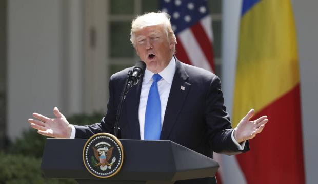 Trump speaking at a press conference with Romanian President Klaus Werner Iohannis in the Rose Garden of the White House in Washington, Friday, June 9, 2017. During this conference, Trump stated he would 100% testify against Comey. 