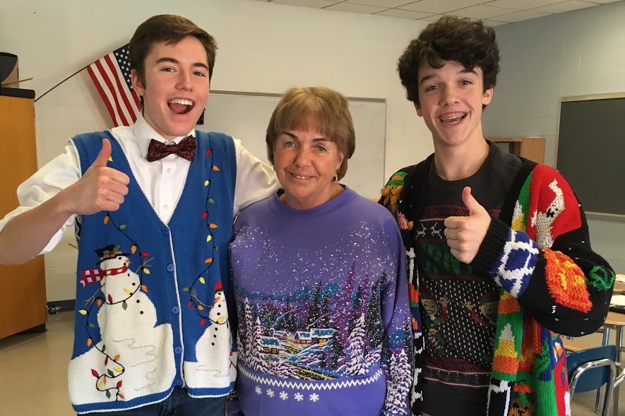Ms. Hunt poses with the author (left) and his classmate Harry Hull (right) in late December.