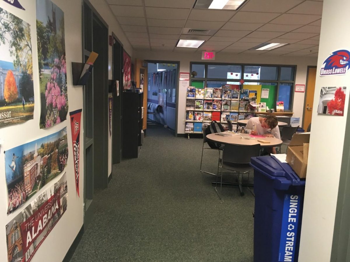 Common area in counselor hallway lined with college flags and posters.