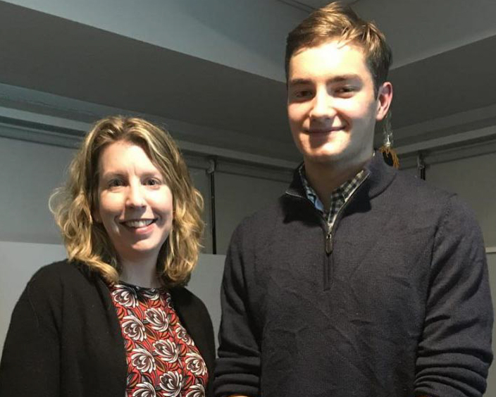 Dylan Davis poses with Hingham High teacher Christine O'Connor, who partnered with him to complete the project.