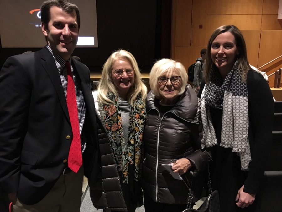 Mr. Louchheim, Judi Bohn, Janet Singer Applefield, and Mrs. McCash smiling after the moving presentation by Applefield.
