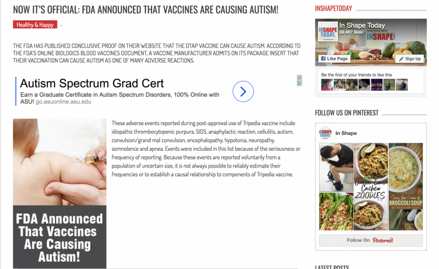 A screencap of an article from the site Inshapetoday.com that incorrectly claims that vaccines cause autism. The article was posted in November 2017. 