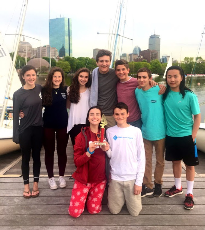 The 2017 Varsity Sailing Team smiling after winning the league, featuring several graduated seniors.