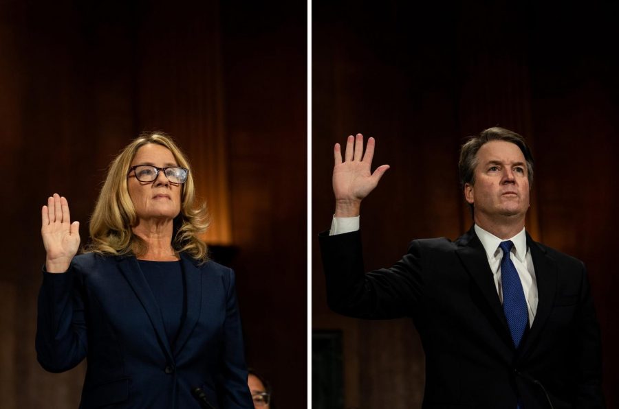 Christine Blasey Ford and Judge Brett M. Kavanaugh being sworn in separately before their Senate testimony on Thursday.