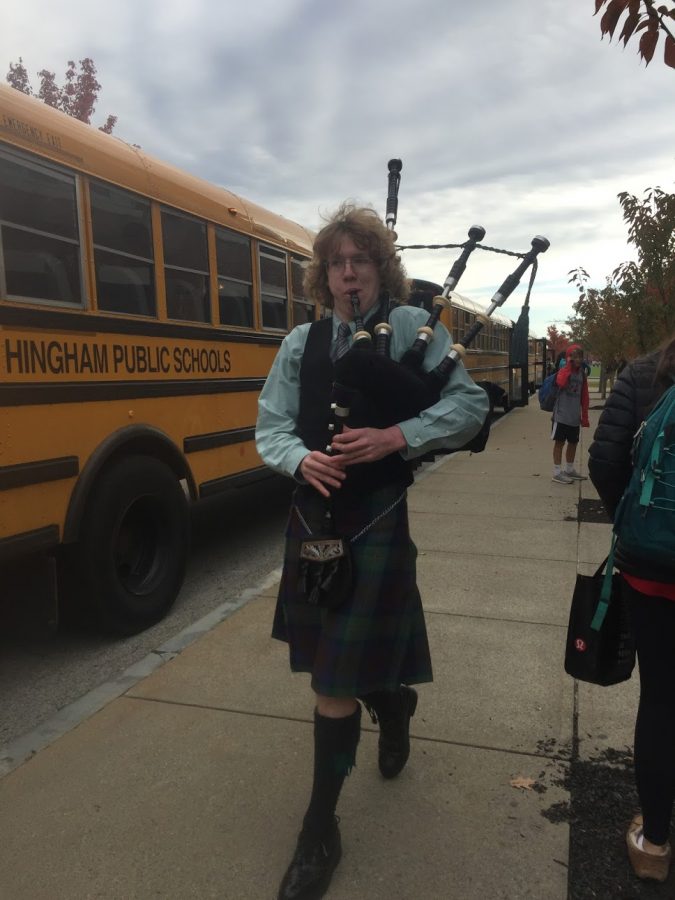 Junior Lucas Webber went all out for his Halloween costume, playing the bagpipes as he walked around the school. 
