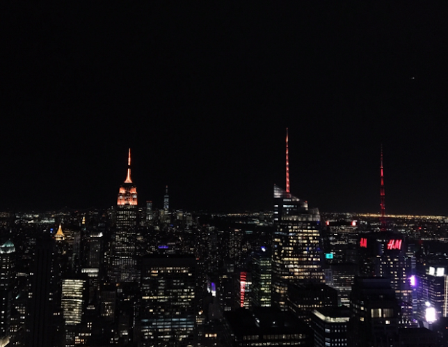 Manhattan skyline from the Top of the Rock observatory at night.