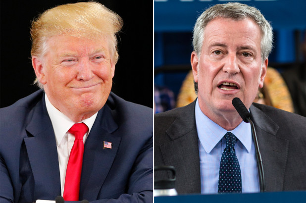 A side-by-side of President Donald Trump and Mayor Bill de Blasio, representatives of the opposing stances taken on the proposed sanctuary cities plan.