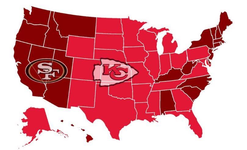 27 states are rooting for the Kansas City Chiefs, while 23 states are rooting for the San Francisco 49ers. 