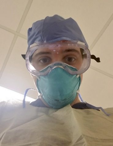 An HHS student models the goggles that Boston doctors now wear to help the sick.