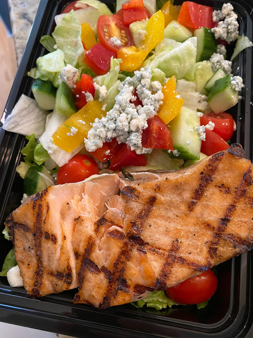 Bronzed salmon and a house salad with mustard vinaigrette from Burtons.