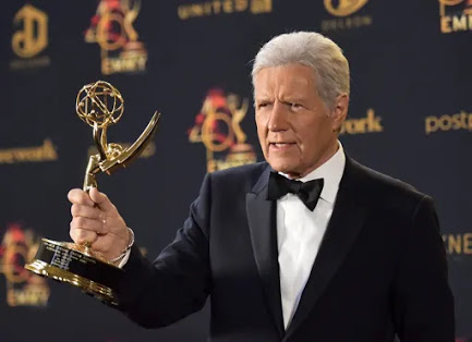 Trebek poses with his trophy for outstanding gameshow host for Jeopardy at the 46th annual Daytime Emmy Awards in May, 2019.