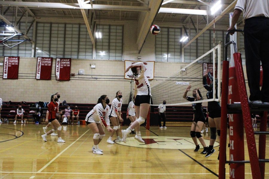 Senior+Morgan+Buczynski+looks+for+an+opening+as+Plymouth+South+prepares+to+block+her+shot.