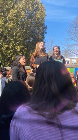 GSA President Keely Jordan and Vice President Grace Kelly give a speech thanking the HHS student body for their solidarity.