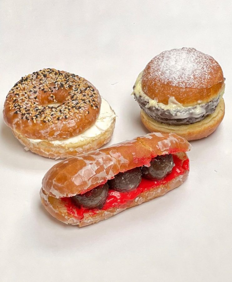 Prank Donuts disguised as a bagel, a meatball sub and a cheeseburger from Donut King.