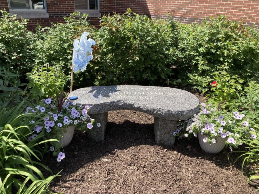 The Anna Quinlivan Memorial Bench, a gift from the class of 2022, welcomes students into HHS at the Union Street Entrance.