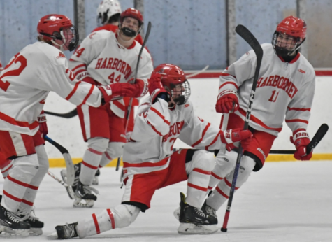 Hingham celebrates its first goal of the night versus Catholic Memorial during a 3-1