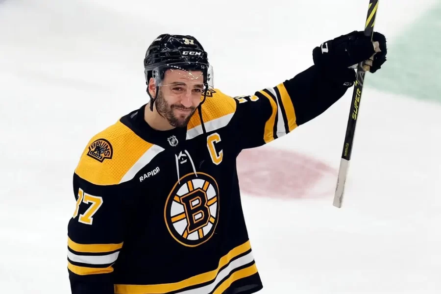 Bruins Captain Patrice Bergeron salutes the fans after his team’s disappointing Game 7 loss to the Florida Panthers.