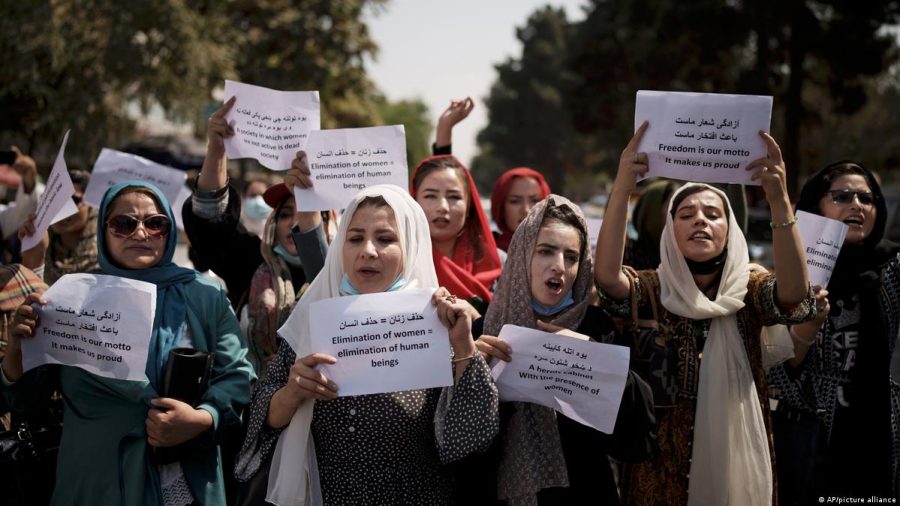 Afghan women protest for their rights on the streets with handmade signs. 
(https://www.dw.com/en/afghan-women-demand-their-rights-under-taliban-rule/a-59231449)