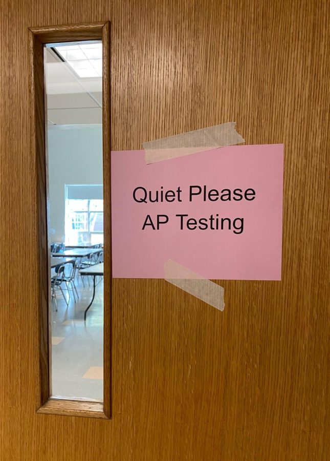 Sign outside of room 103 where some students were taking their AP exams. 