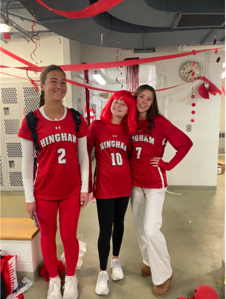 Ella O’Neil, Ryan Hallisey, and Sammy Price showing off their red supporting Hingham! They are ready to play in their Homecoming Field Hockey game! 
Credit: Katie Whitlock