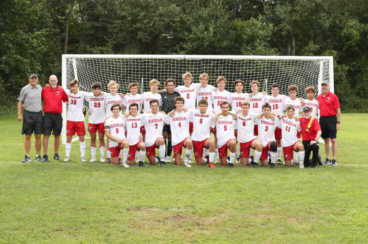 Full team photo of the Hingham Boys soccer team and their coaching staff  Credit-Josh Ross
