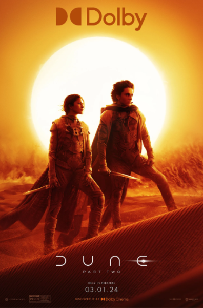 This is the movie’s poster which you would see when seeing the movie in theaters. Pictured is Timothee Chalamet who plays Paul Atreides and Zendaya Coleman who plays Chani. 
https://www.dolby.com/experience/dune-part-two/
