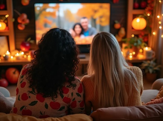 Two people enjoying a movie in their living room with lots of fall decorations.