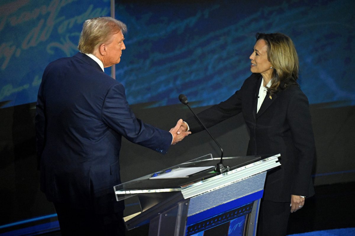 Vice President, Kamala Harris and Former President, Donald Trump shaking hands before the start of the debate