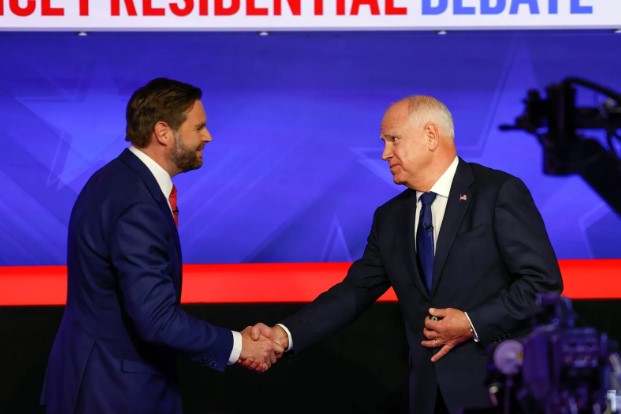 Vice Presidential candidates Senator J.D Vance and Governor Tim Walz greet each other prior to their debate hosted by CBS on October 1st.
