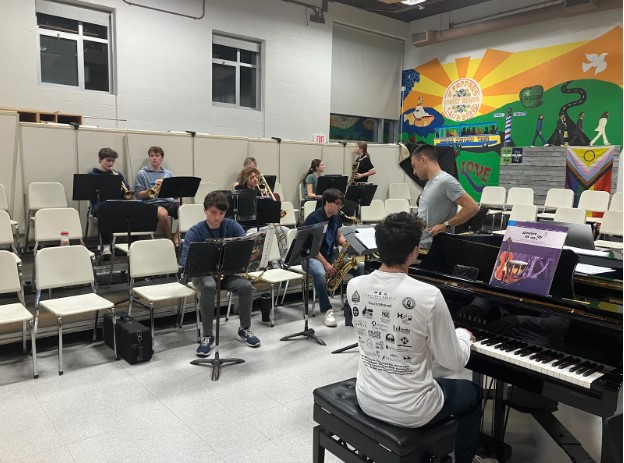 Roughly half of the Jazz Band practicing at school. Taken by Aidan Mannion 
