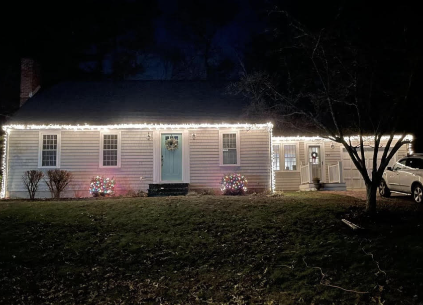 Celia McCarthy’s family's Liberty Pole home, decorated with lights for the holidays in 2021