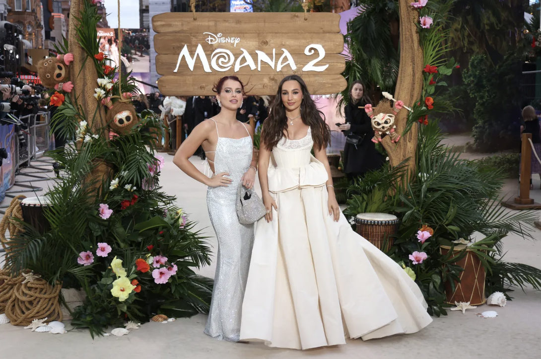 Moana 2 songwriters, Abigail Barlow, left, and Emily Bear pose for a picture at the movie's premiere in the United Kingdom