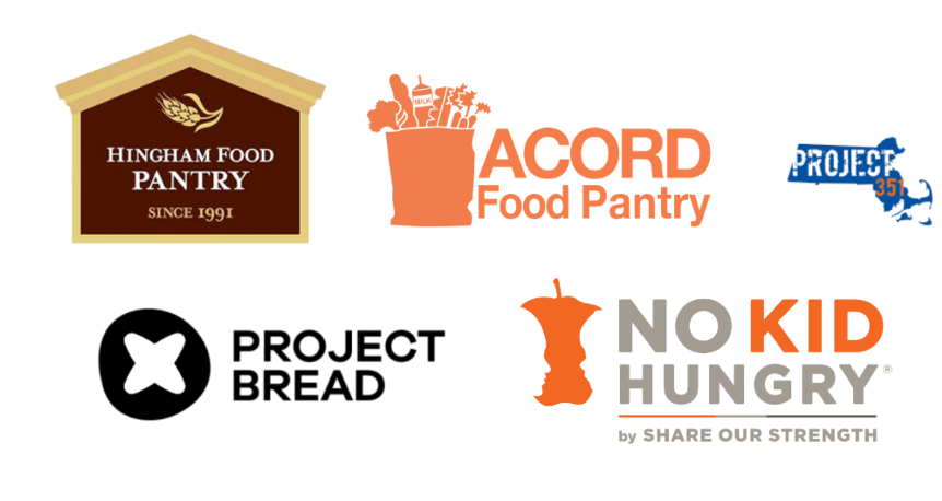  A collage with logos of the Hingham Food Pantry, the Acord Food Pantry, Project 351, Project Bread, and No Kid Hungry, organizations involved in the fight against food insecurity