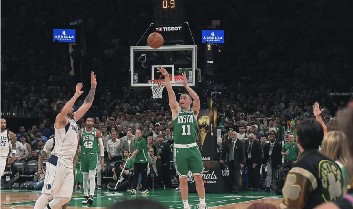 Peyton Pritchard drains a half-court buzzer-beater in Game 5 of the 2024 NBA Finals