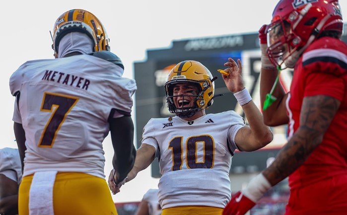 Arizona State quarterback, Sam Leavitt celebrating a huge play in their win last week (Spencer Barnes)
