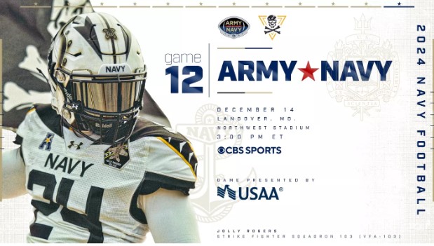 Navy’s “Jolly Roger” uniform poses next to match details, set on December 14th at 3:00 p.m. in Landover, Maryland. Graphic created by US Naval Academy Media Team.
