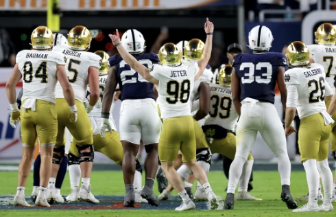 
Notre Dame’s kicker Mitch Jeter, center #98, celebrates as he makes the game winning field goal against Penn State
